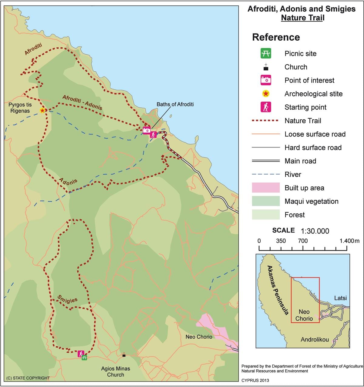 Kaart van aphrodite trail Cyprus 