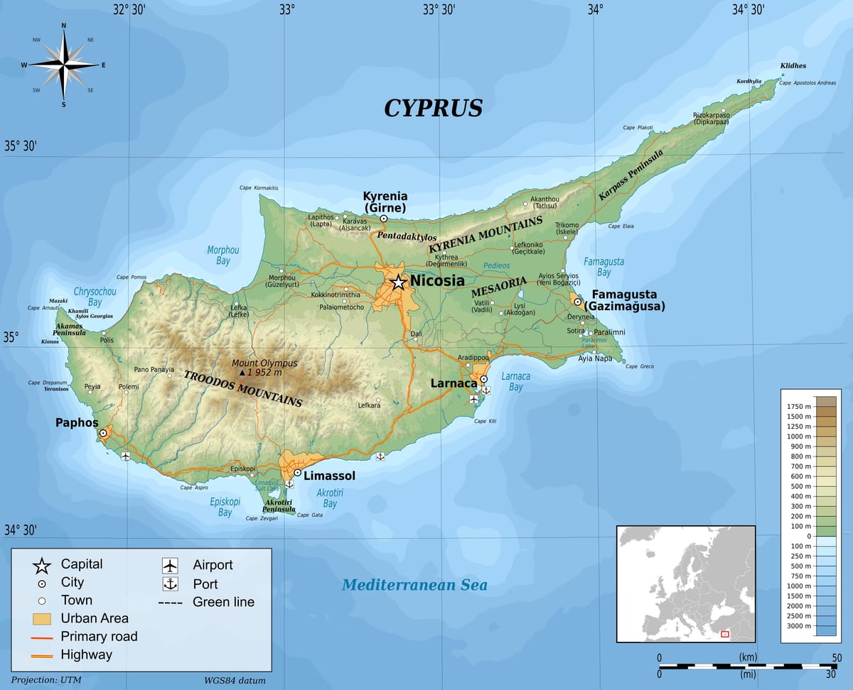 Kaart van Cyprus fysieke